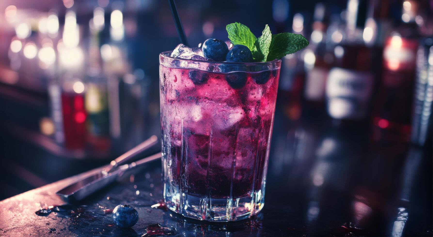 Vibrant cocktail with blueberries and mint served in a tall glass at a lively bar during the evening photo