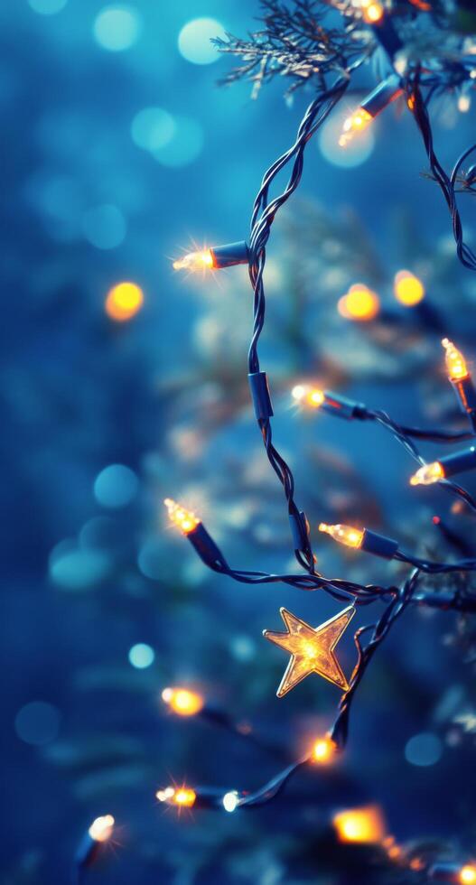 Twinkling star decoration with fairy lights on a sparkling blue background in a cozy setting photo