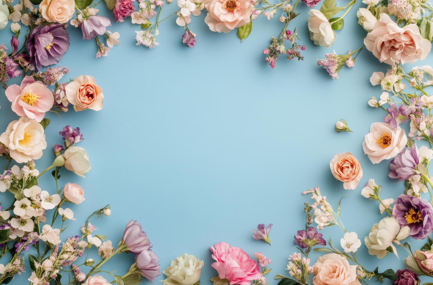 Floral arrangement with soft pink and white flowers on a blue background for a cheerful display photo