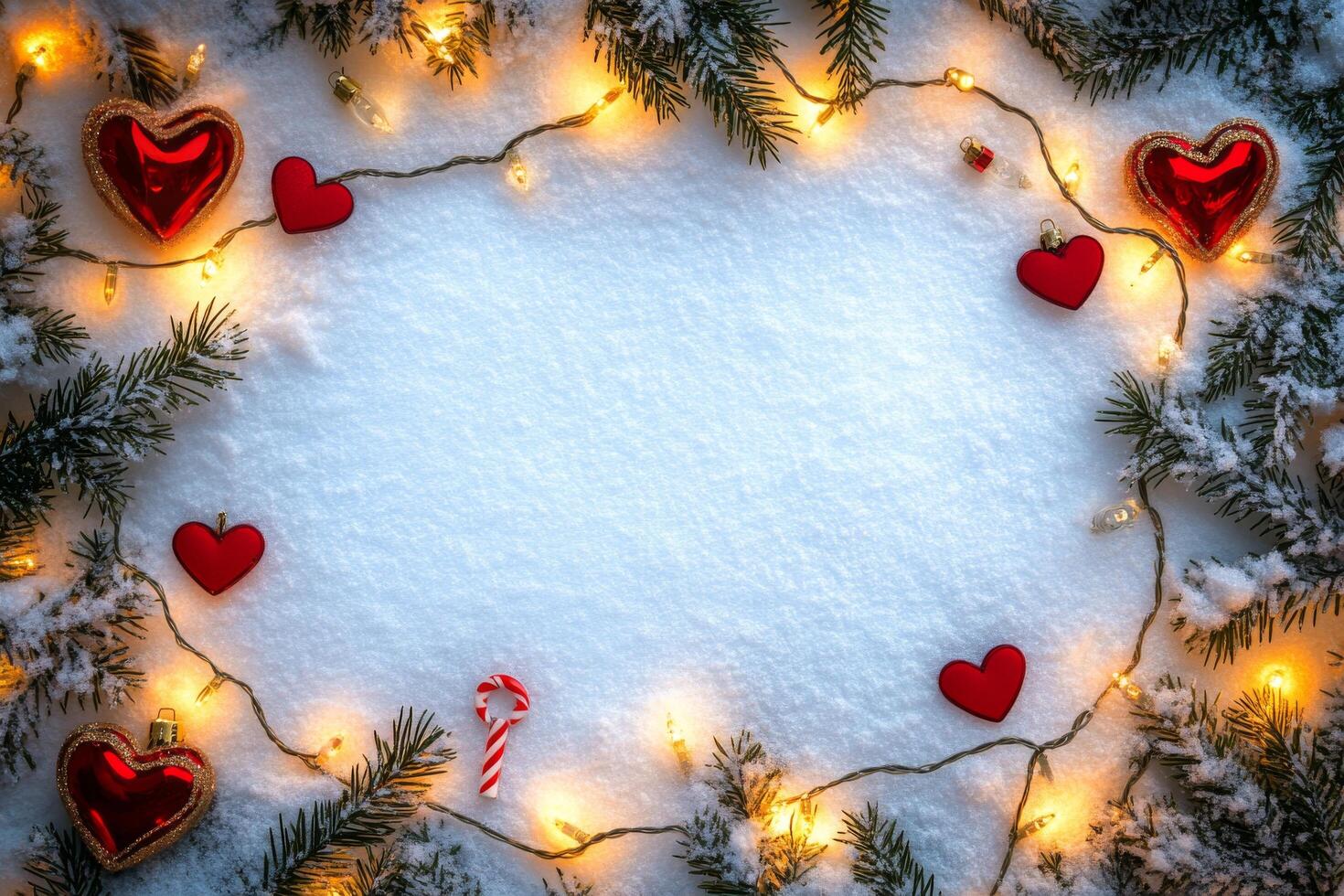 Festive holiday decoration with red hearts, lights, and snow creating a cheerful atmosphere photo