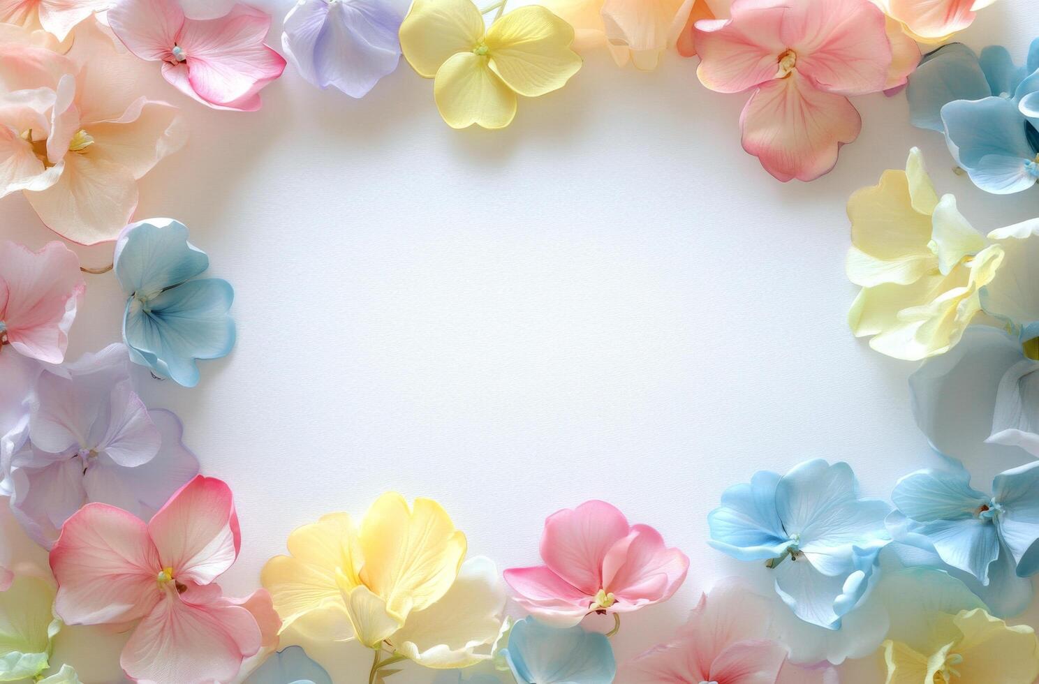 Delicate pastel flowers arranged in a beautiful frame against a white background photo