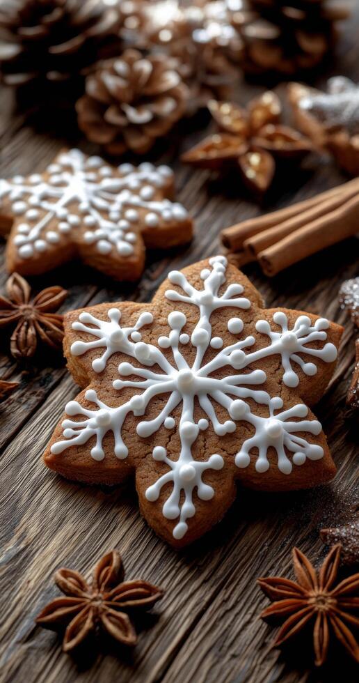 Gingerbread snowflake cookies and cinnamon sticks on a wooden table for winter fun photo