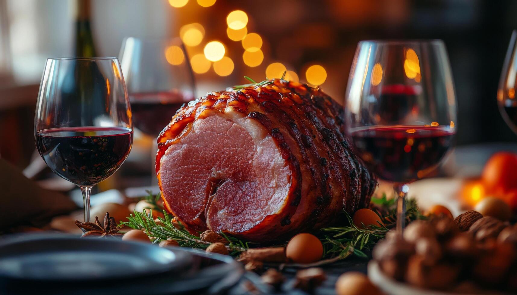 Glazed ham with red wine graces a festive winter dinner table photo