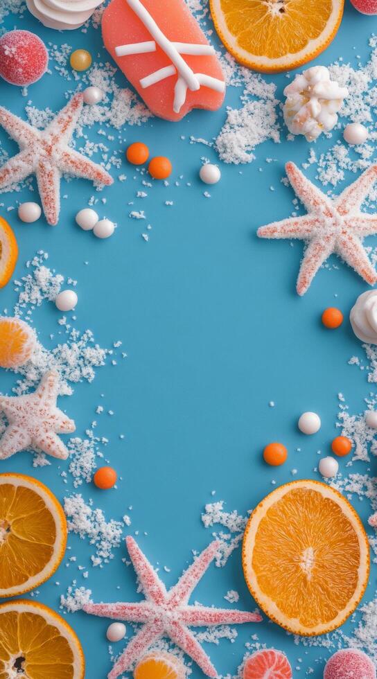 Colorful arrangement of oranges and candies with starfish on a blue background photo