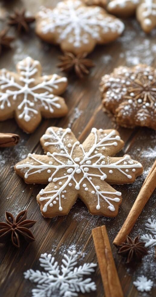 Homemade snowflake-shaped cookies decorated with icing on a wooden surface with spices photo