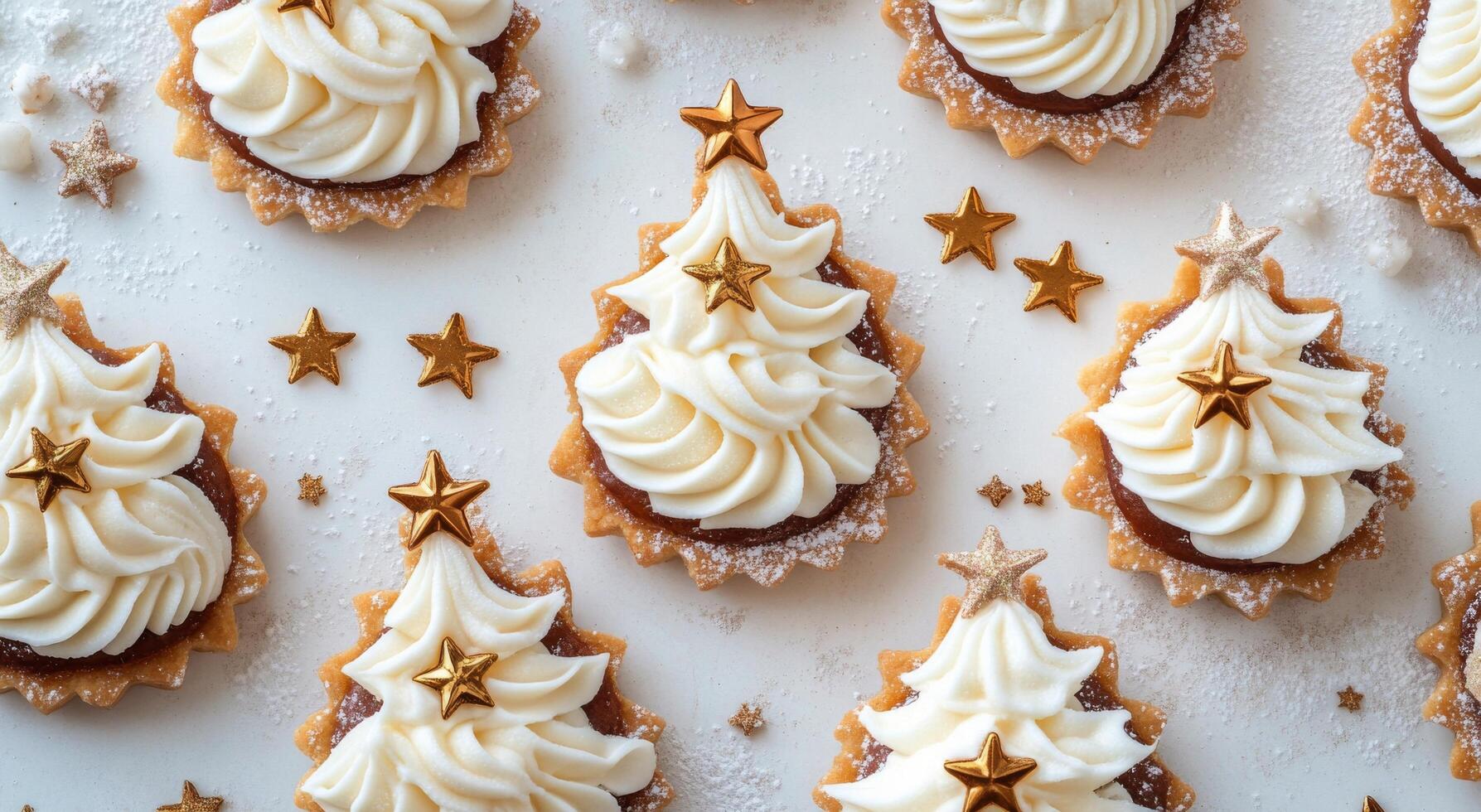 Festive mini dessert trees decorated with golden stars on a white table with pinecones photo