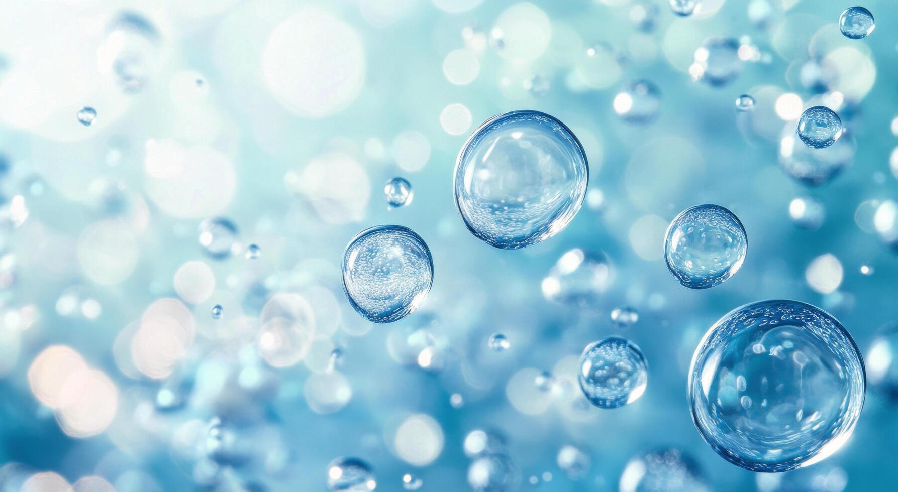 Translucent water droplets create a serene background with shimmering highlights in blue tones photo