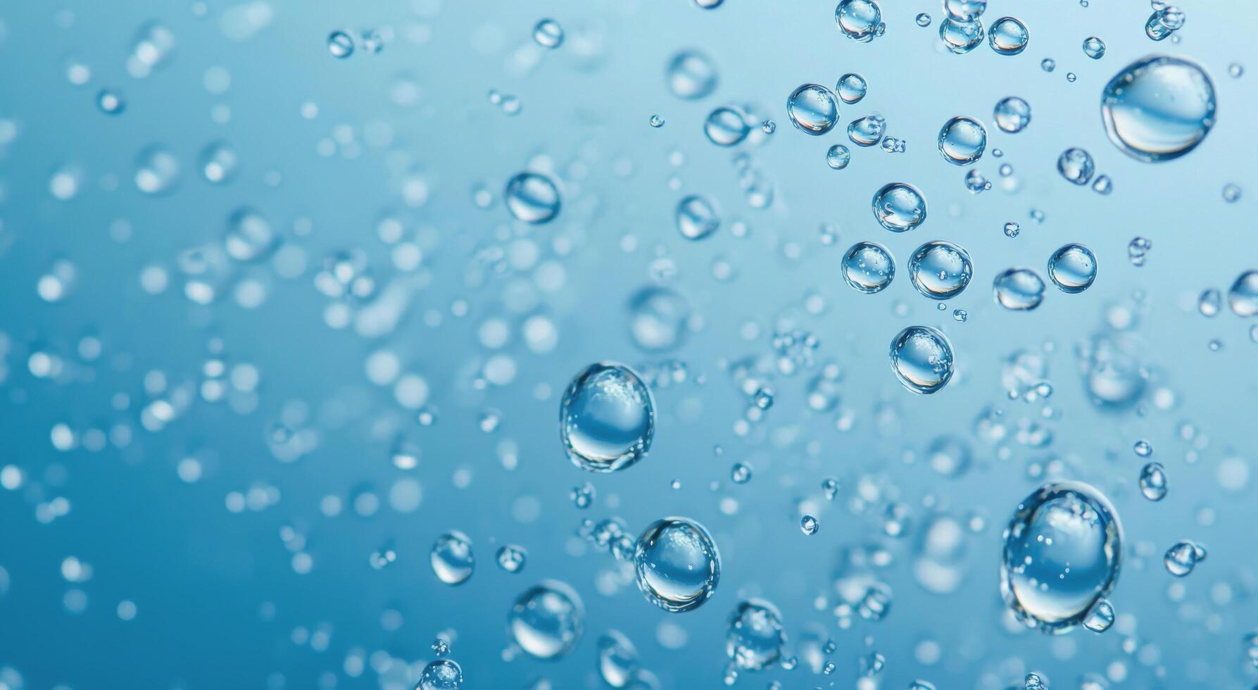 Translucent water droplets create a serene background with shimmering highlights in blue tones photo