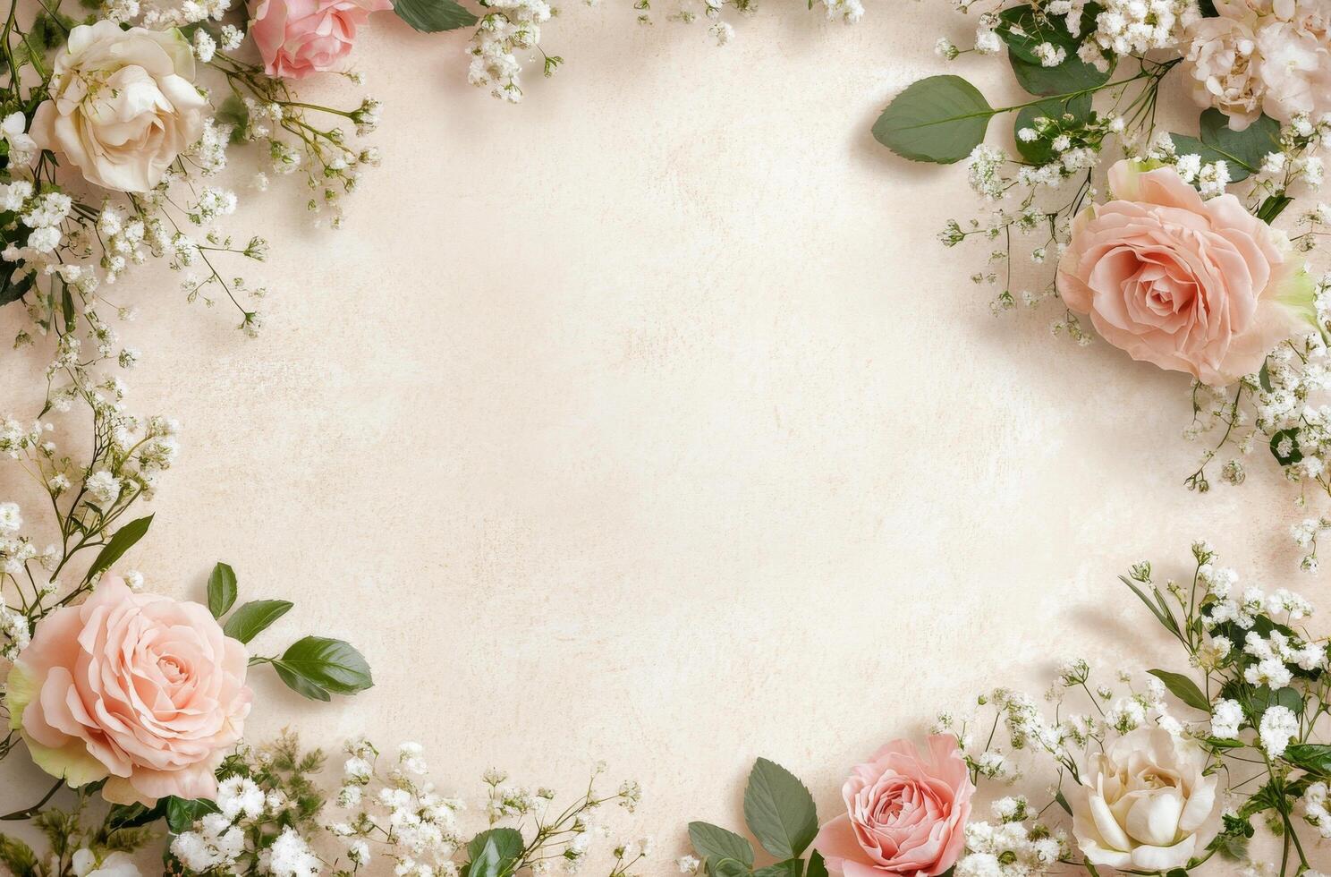 Delicate arrangement of pink roses and gypsophila on a light surface for a serene floral display photo