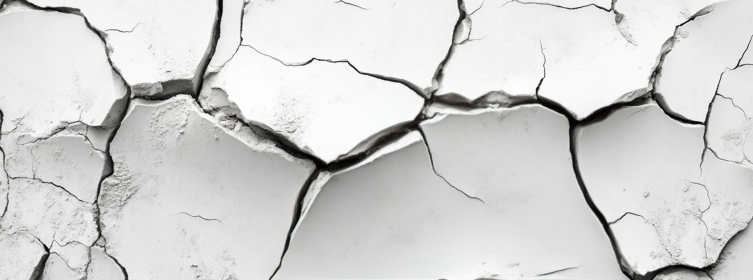 Cracked surface revealing texture and patterns on a dry, white wall in bright daylight photo