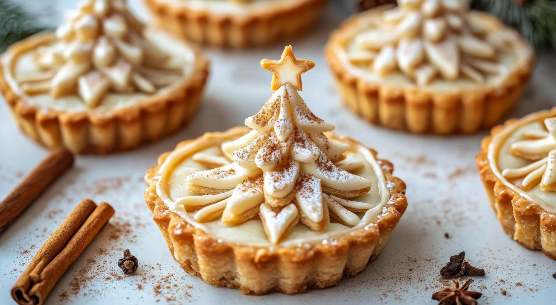 Festive holiday dessert featuring intricately decorated tree-shaped tarts on a winter table photo