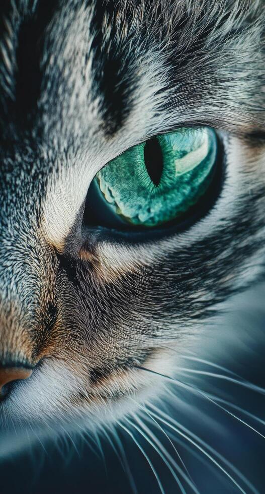 Close-up view of a cat's striking green eye revealing its intricate details and textures photo