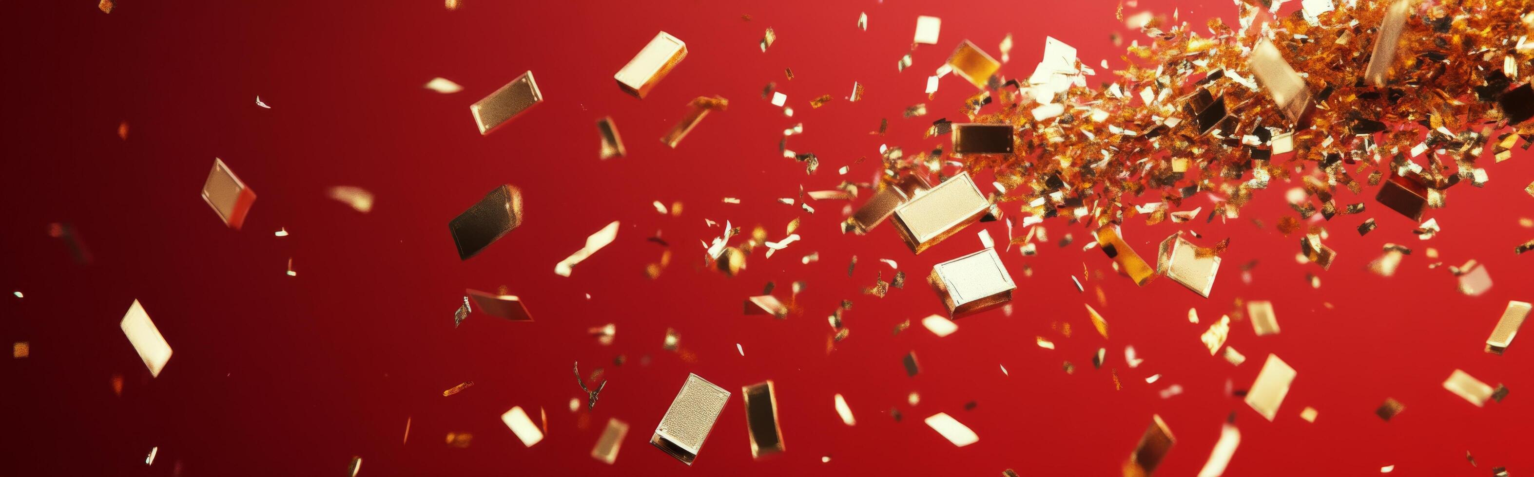 Golden confetti cascading against a vibrant red background during a festive celebration event photo