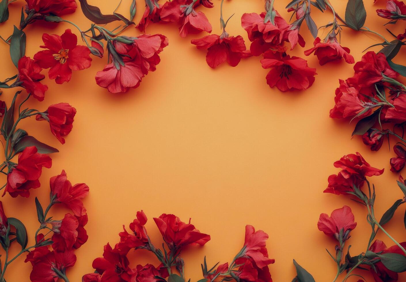 Vibrant red flowers arranged in a circular pattern against a soft orange background photo