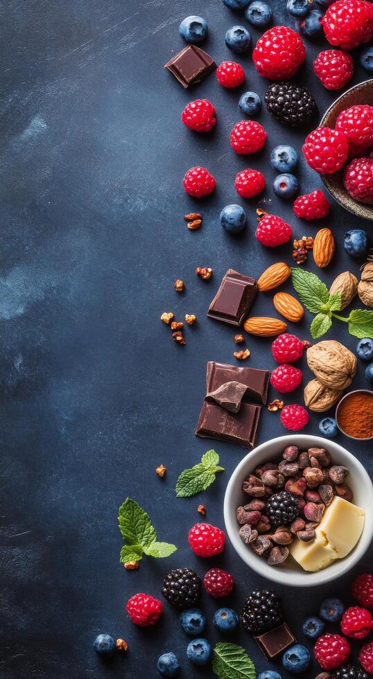 A colorful arrangement of fresh berries, nuts, and chocolate on a textured dark surface photo