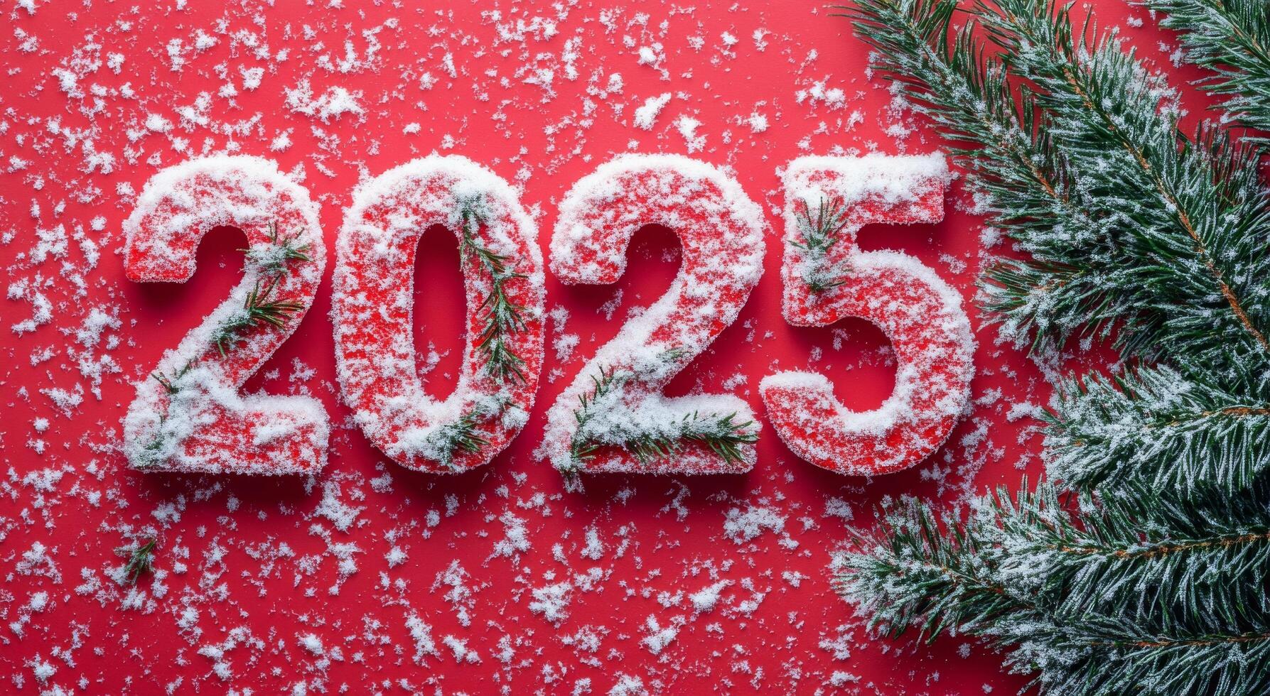 Festive snow-covered numbers 2025 adorned with greenery on a bright red background photo