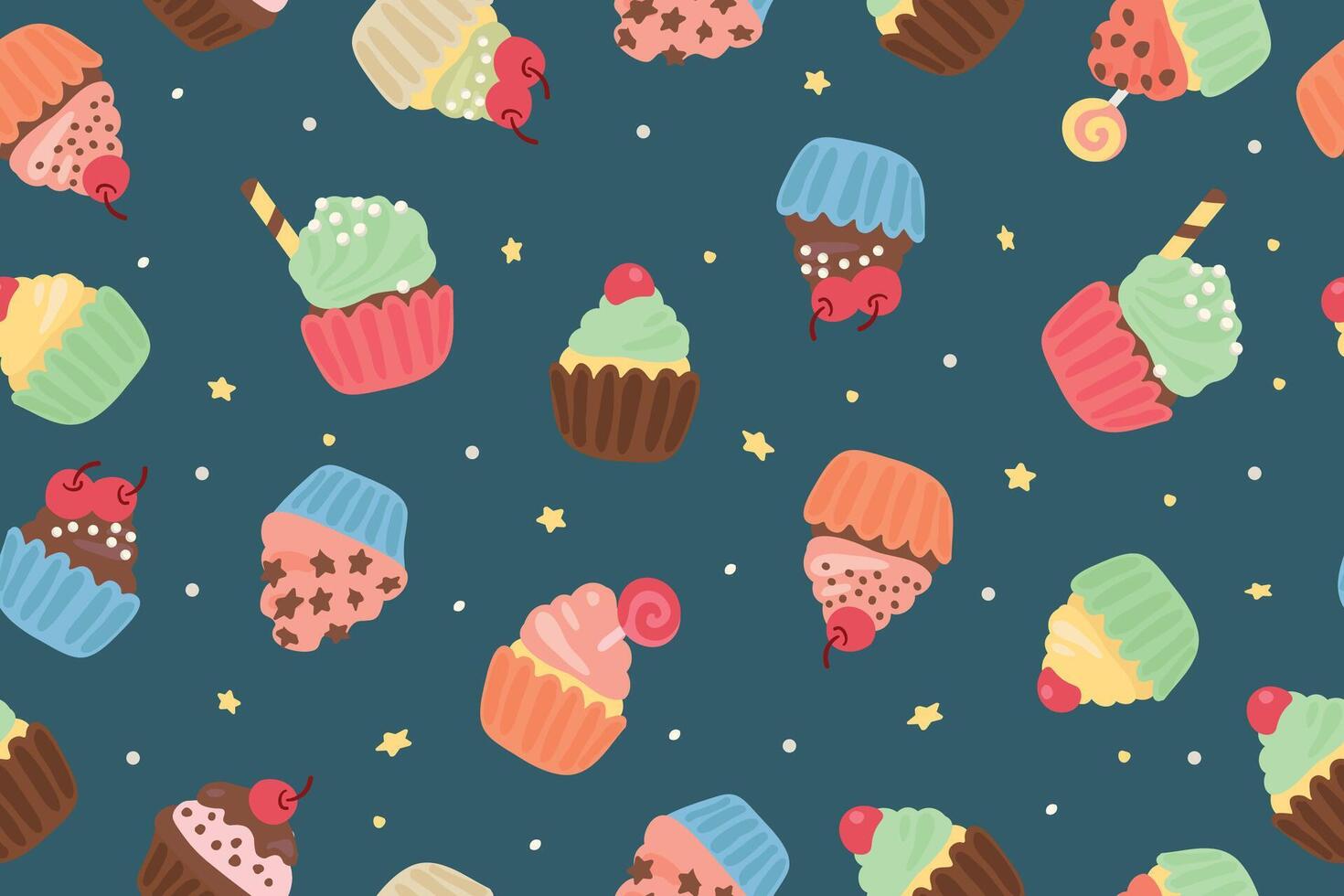 Seamless pattern of festive cupcakes. Collection of delicious cupcakes. Cakes with cream and chocolate. illustration vector