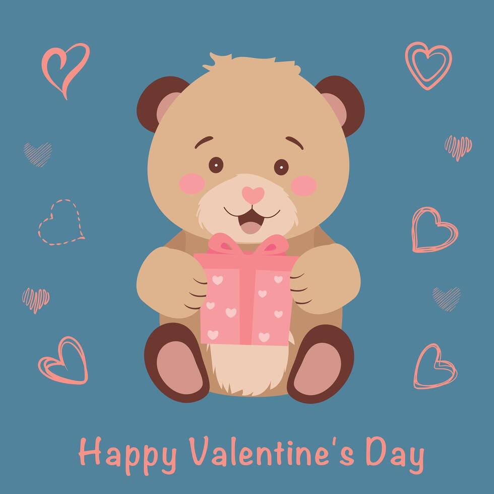 A cute teddy bear holds a gift in its paws. Drawing for Valentine's Day, Teddy Bear Day. illustration. . illustration vector