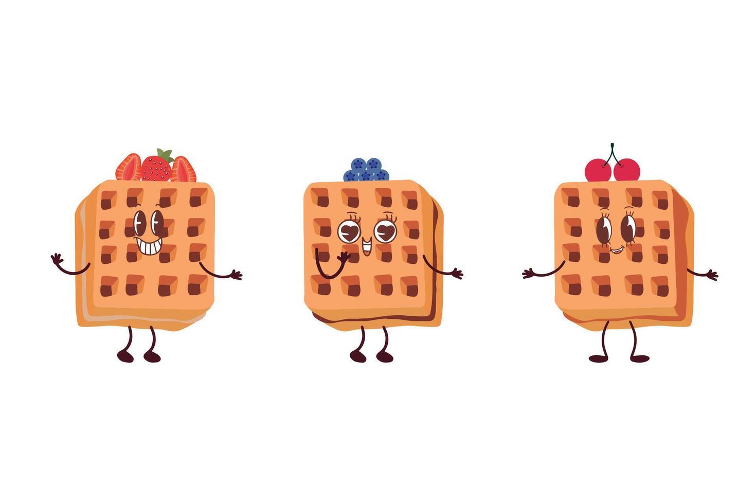 Waffle icon with various fillings. illustration of waffles in the style of kawaii, pastries for breakfast, sweet snack. vector