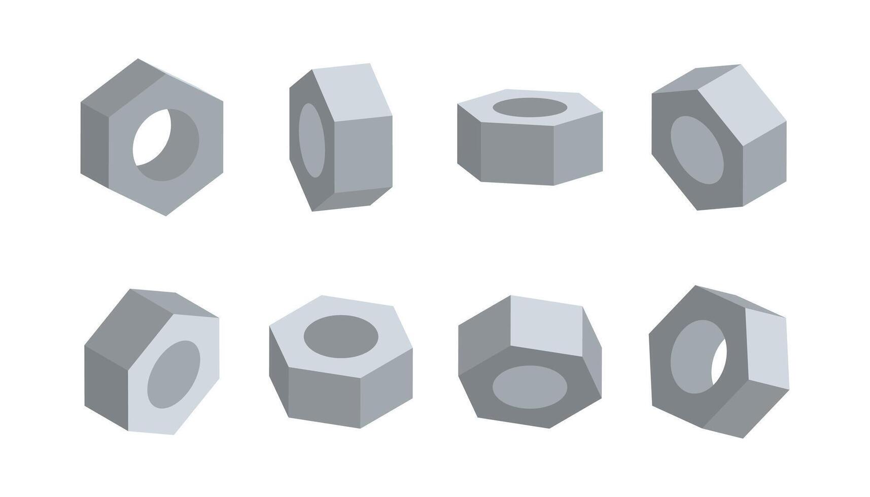 3D nut in various angles . Nuts top view, side view, half turn. vector