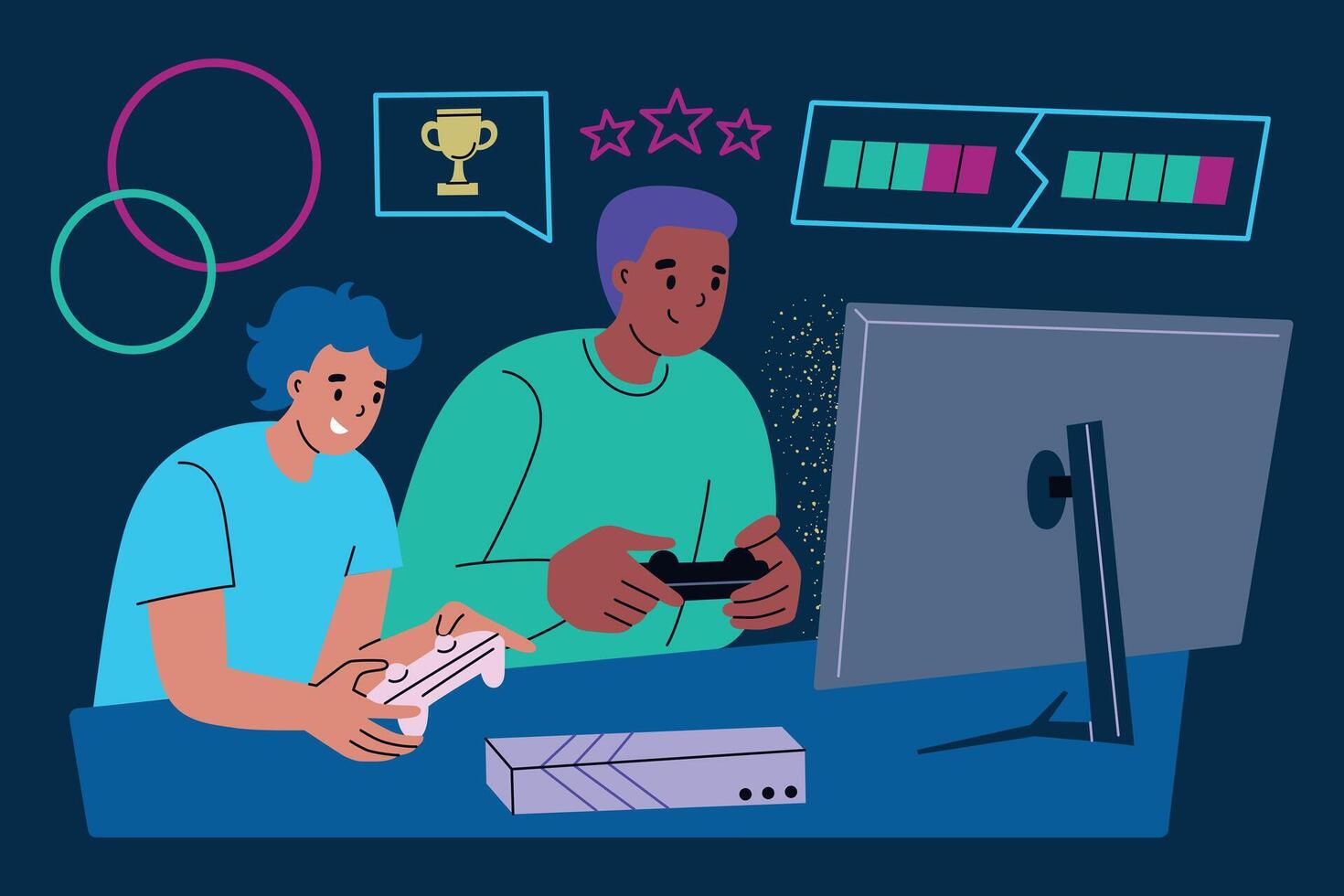 illustration of two gamers playing a game with controllers and console. Father and son spending time together, having fun, entertainment. Flat cartoon style. Gaming, family bonding vector