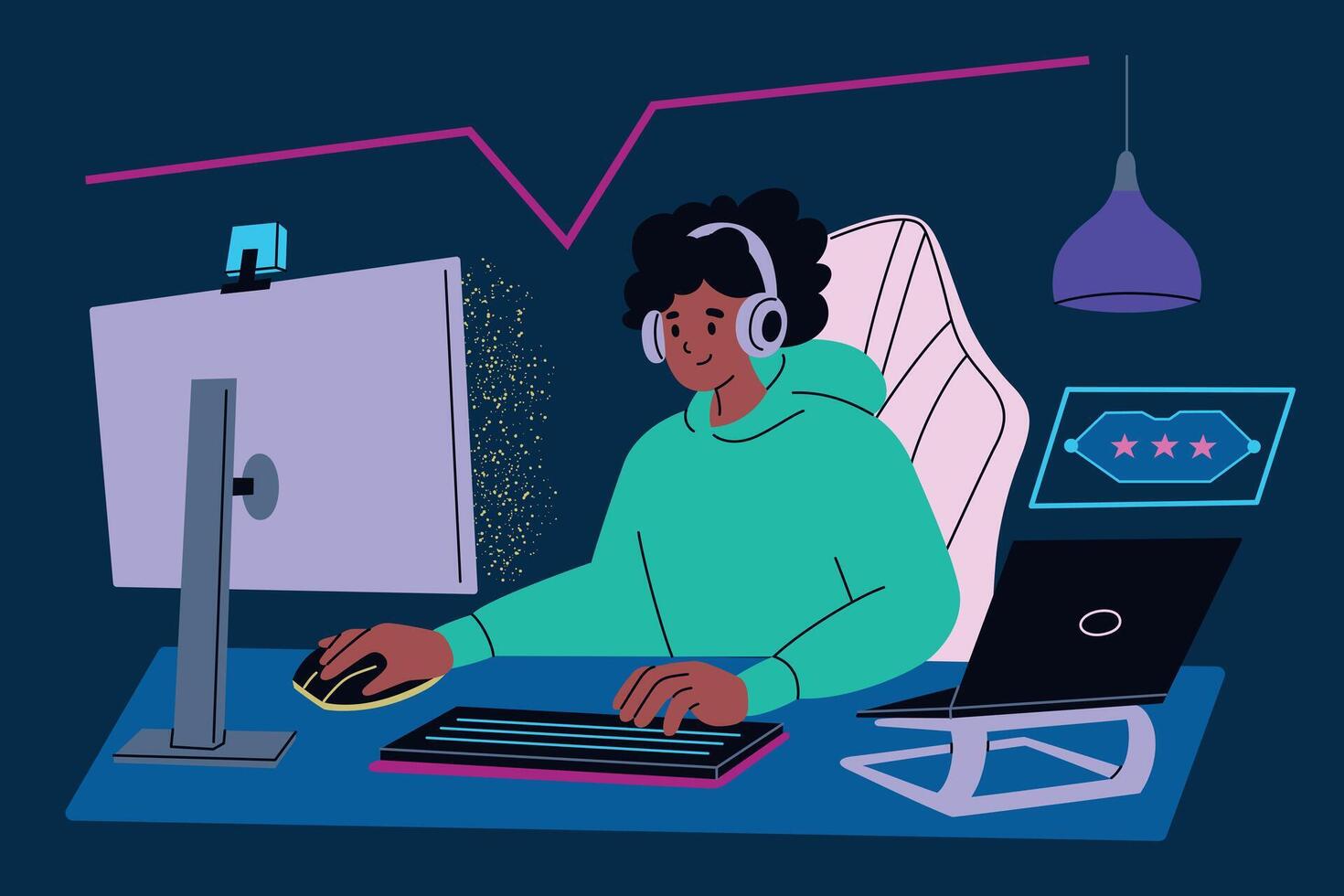 illustration of girl gamer with headset playing computer game with keyboard and mouse, laptop and pc. Flat cartoon style. Streaming, online gaming, esports, and tech setup themes vector