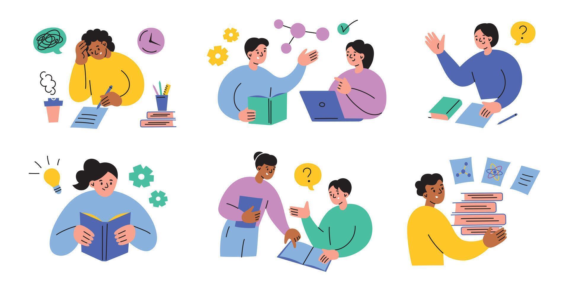 Flat illustration set of cartoon students learning, studying, reading, and writing. Teamwork scene, characters having exams, doing homework, education, collaboration, and academic activities vector