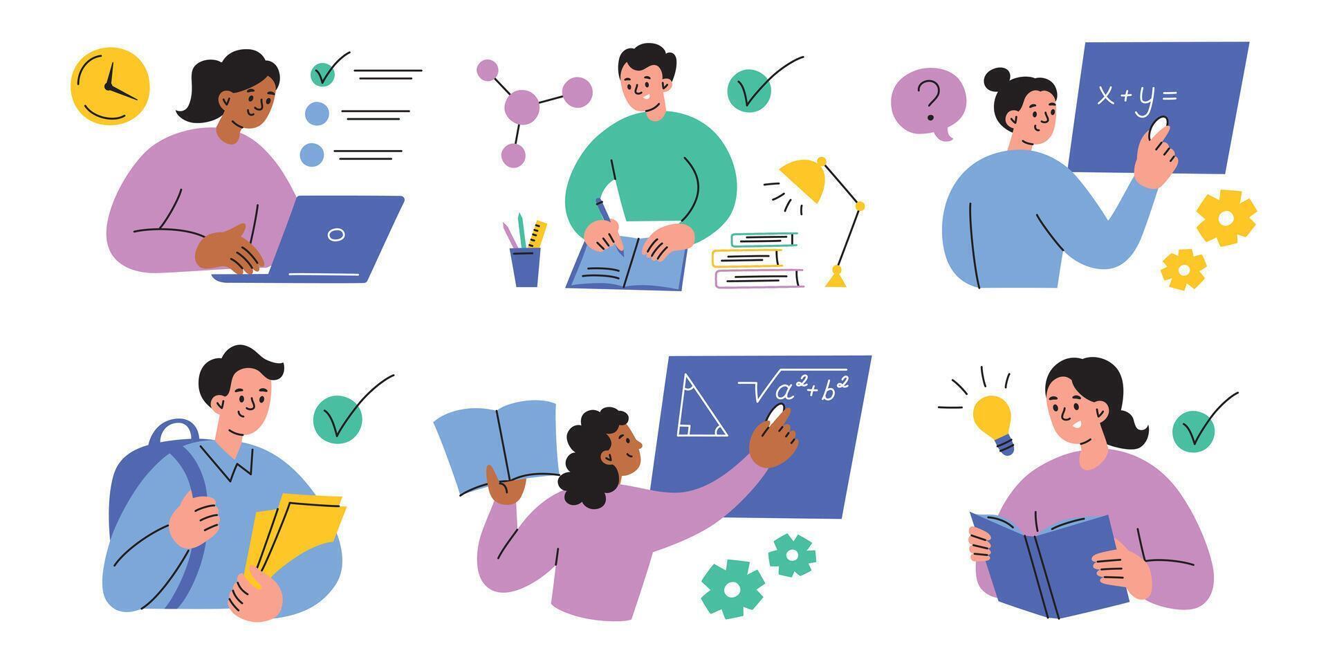Education illustration set with students studying, reading, solving math problems, using laptops. Flat cartoon style, perfect for school, academic, or learning process designs and concepts vector