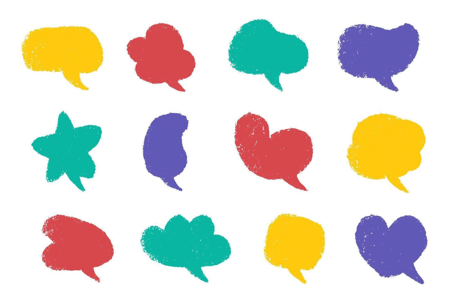 Colourful grunge crayon speech bubbles. Doodle cartoon chalk pencil comic speech labels set vector
