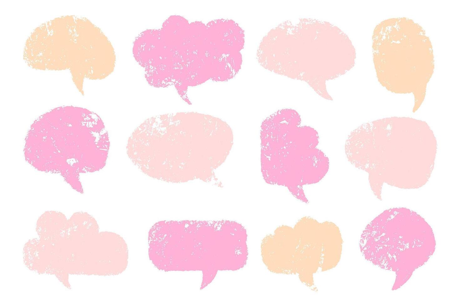 Pink pastel grunge speech bubbles. Doodle cartoon chalk and pencil comic speech labels set vector