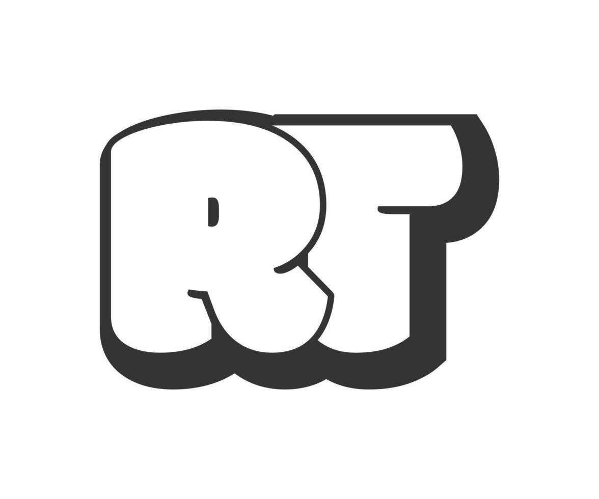RT logo, bubble comic lettering, rounded in graffiti style black and white silhouette. Trendy preschool R and T letter text for festival party, personal initials, children funky print and web. vector