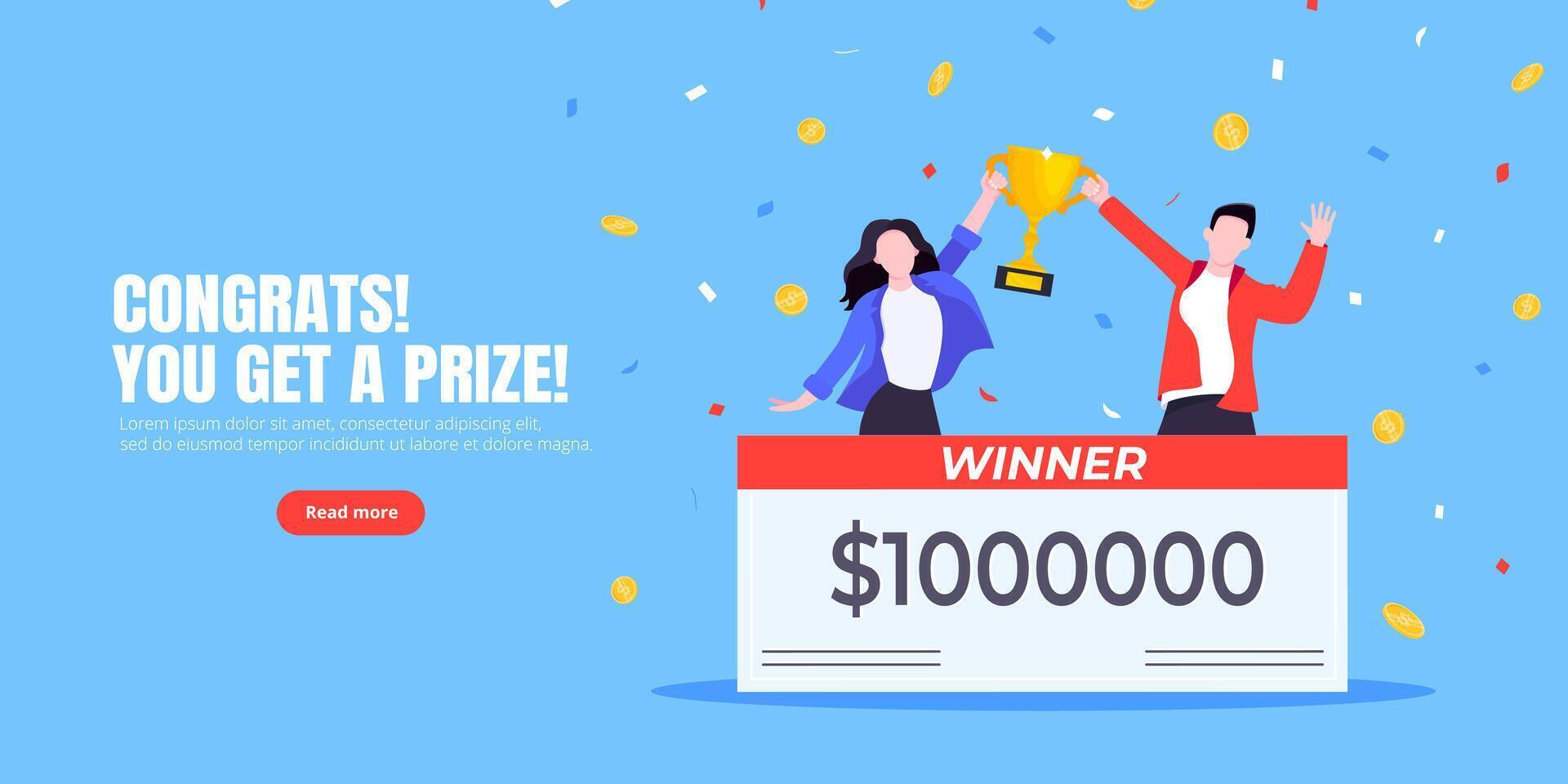 Happy lottery winners with big prize paycheck flat style design illustration. vector