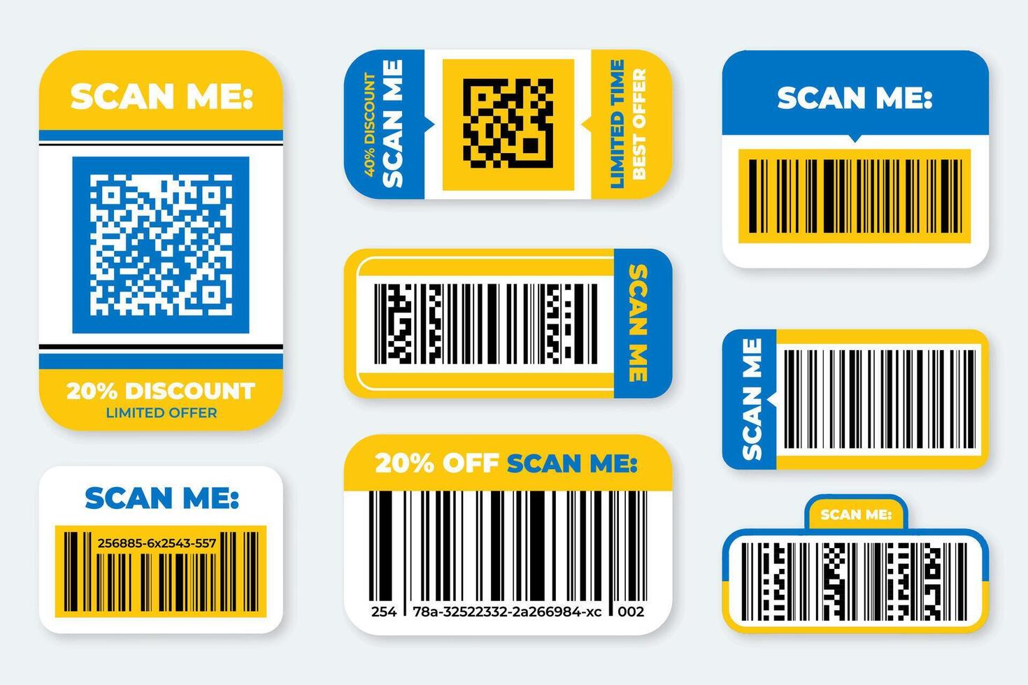 QR and bar code scan me stickers and labels set. Collection of modern colourful Scan me QR code labels and barcode stickers vector