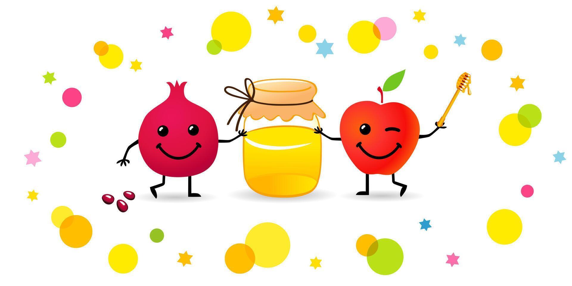 Funny pomegranate, apple emoji and honey, Shana Tovah creative icons. Celebrate Rosh Hashanah 2024 with joy and warmth. Shana Tova symbols vector