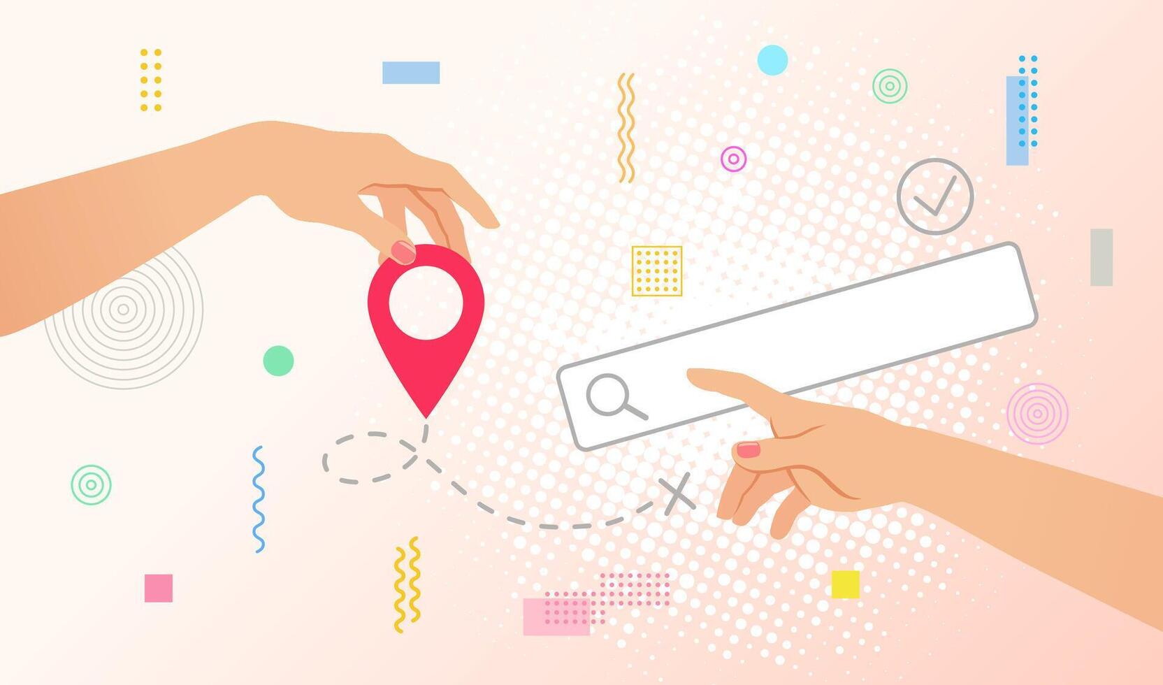 Hands holding pin location and search bar. Pop art style creative advertising background. Travel way and find trip or package tracking. Transport logistic banner desgin vector