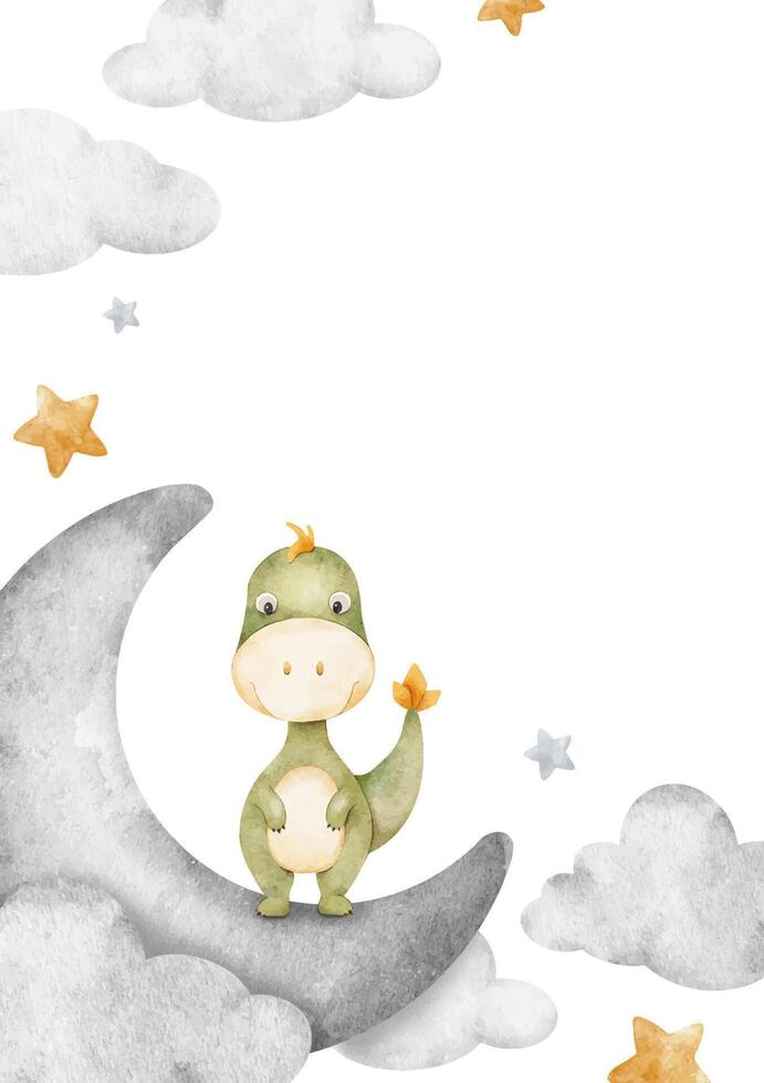 Green baby dinosaur sitting on Crescent moon, clouds, stars. Isolated hand drawn Watercolor frame. Background of Tyrannosaurus rex dinos for children's room, kid's goods, posters, baby shower cards vector