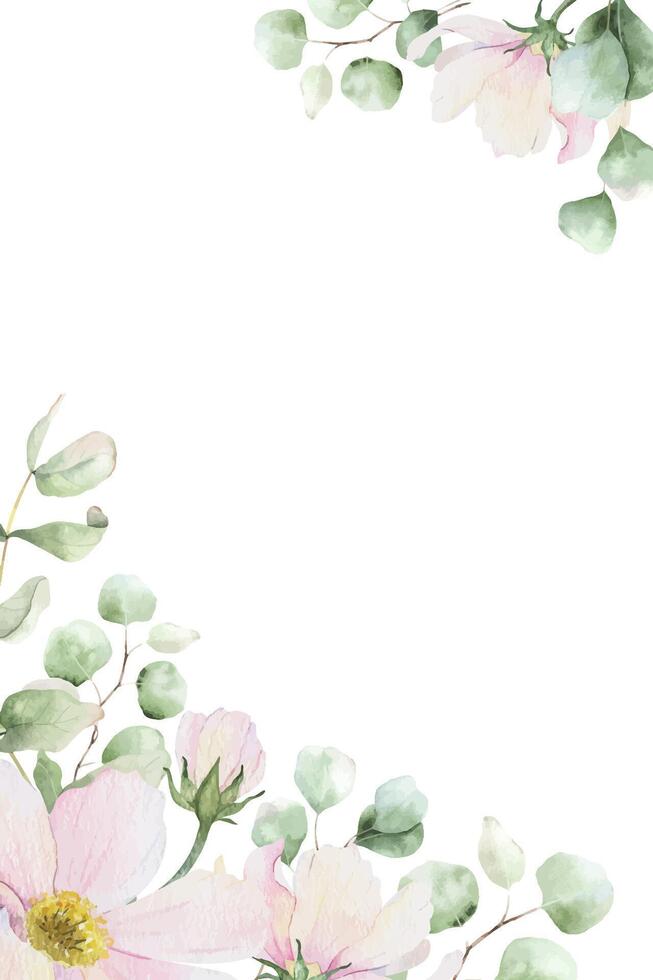 Pink Cosmea flowers, eucalyptus branches and leaves. Isolated hand drawn watercolor frame of flowers. Summer floral of pink wildflowers template for wedding invitations, cards, labels, cosmetics vector