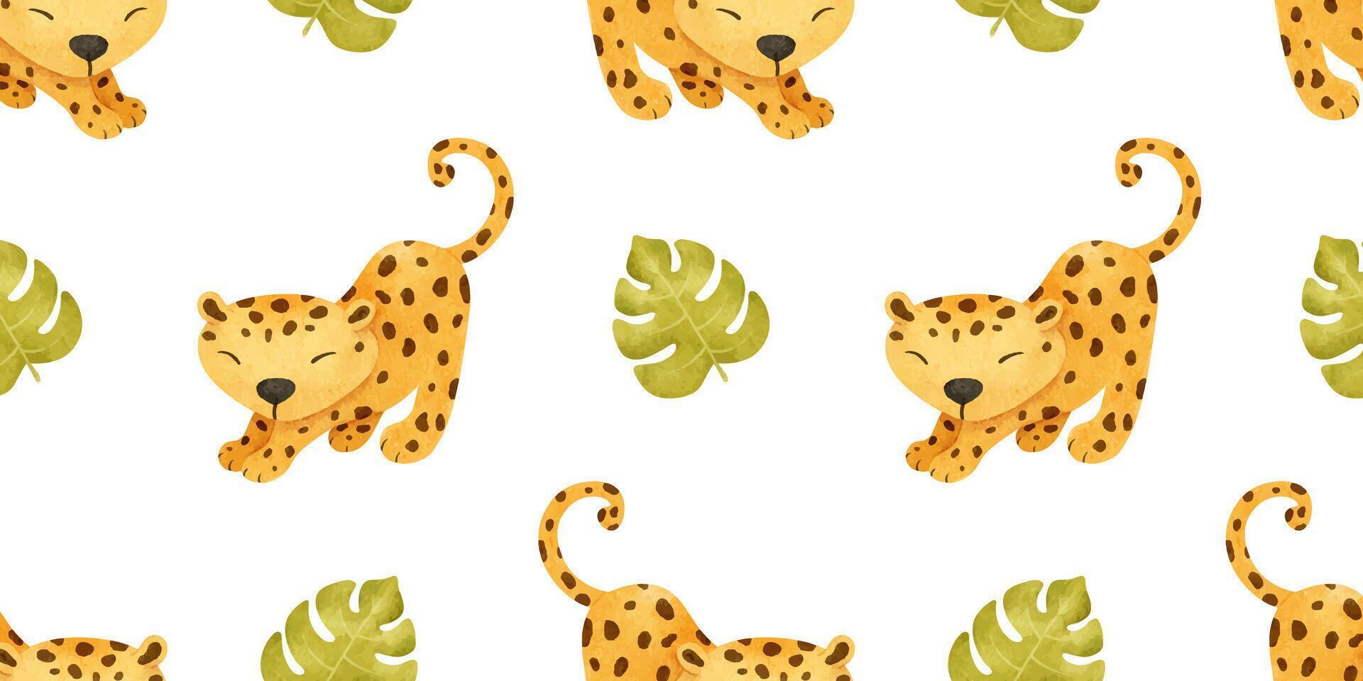 Baby seamless pattern of african leopard, tropical monstera leaves. Background of jungle animal. Watercolor Print with cheetah for design kid's clothes, fabric, wallpaper, office supplies vector