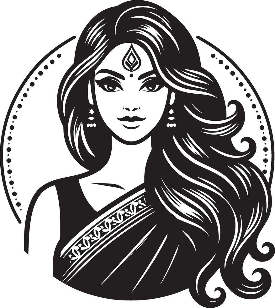 Black and White Indian Woman Portrait, Clean Line Art in Minimalist Style vector