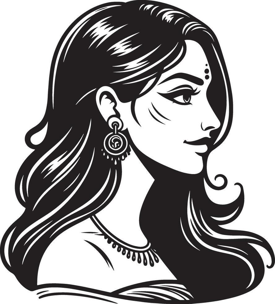 Monochrome Indian Woman Portrait, Minimalist Line Art with Simple Design vector