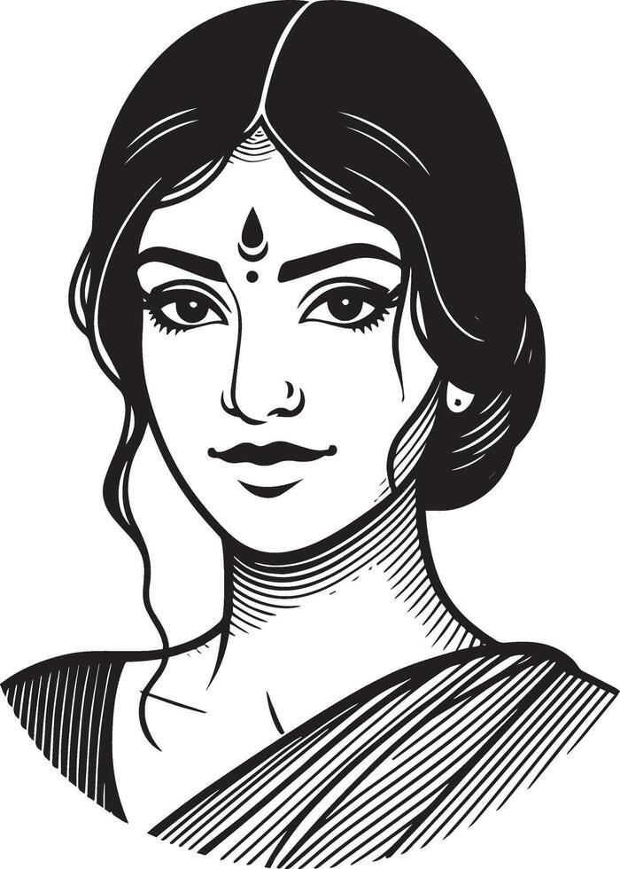 Simplistic Portrait of Indian Woman, Minimal Black and White Illustration with Clean Line Work vector