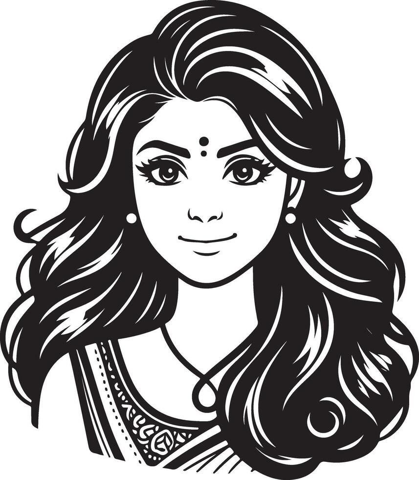 Monochrome Portrait of Indian Woman in , Minimalist Line Drawing with Simple Design vector