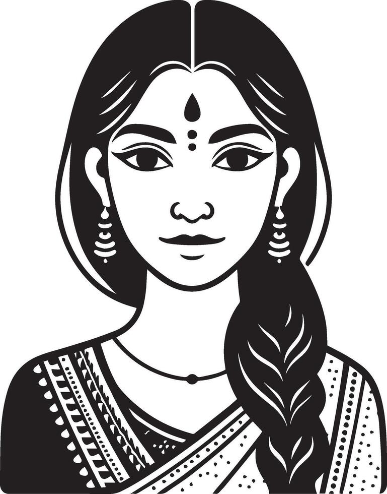 Indian Woman Portrait, Clean and Simple Black and White Line Drawing with Minimal Details vector