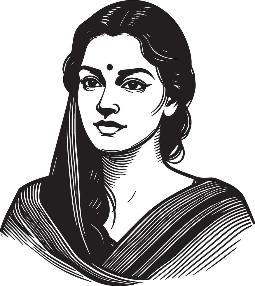 Minimalist Portrait of Indian Woman, Elegant Black and White Art with Simple Line Drawing in Iconic Style vector