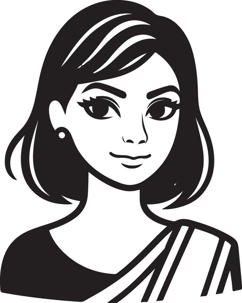 Elegant Black and White Portrait of Indian Woman, Simplistic Line Art vector