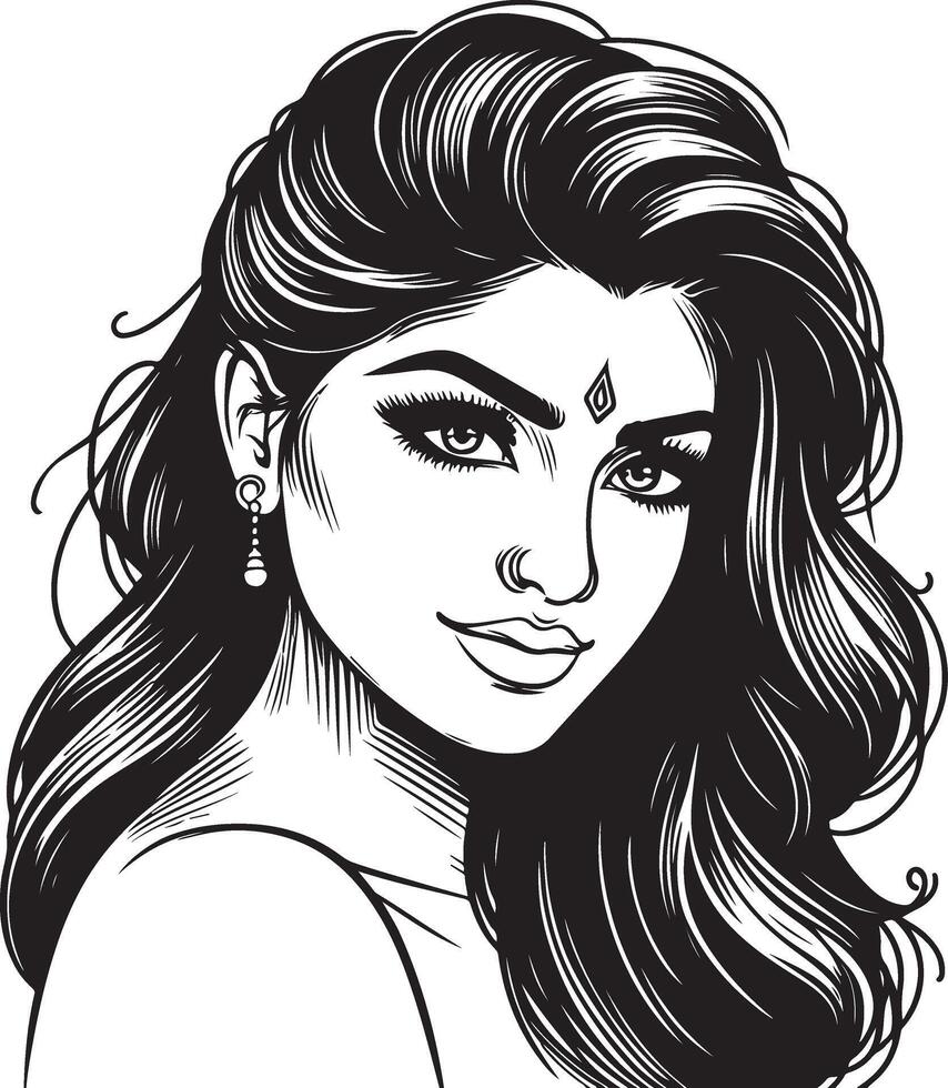 Black and White Portrait of Indian Woman, Simplified Line Drawing with Minimalist Details vector