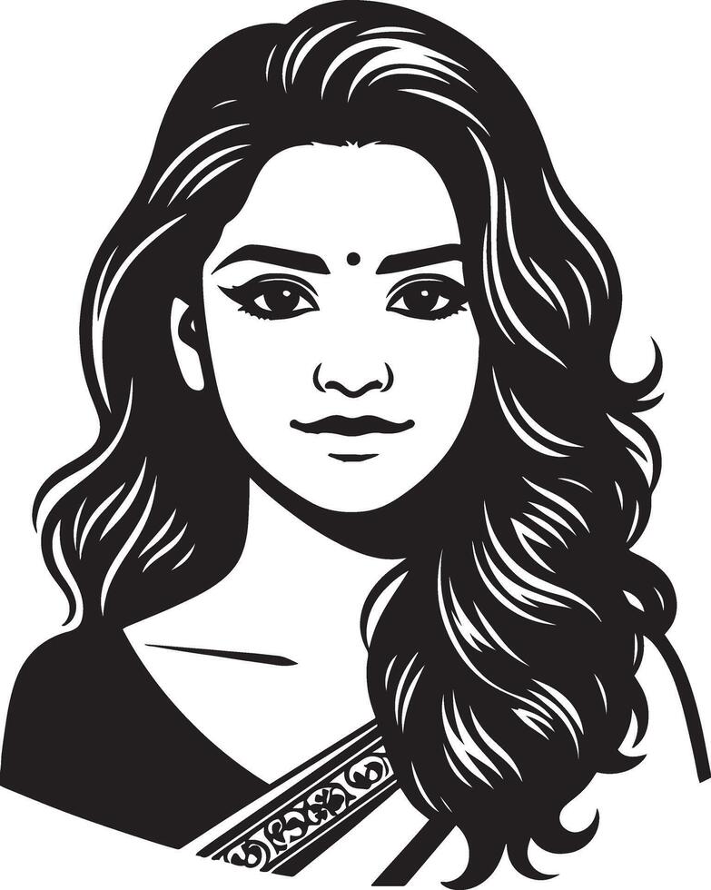 Black and White Line Drawing of Indian Woman, Minimalist Art with Clean Lines vector