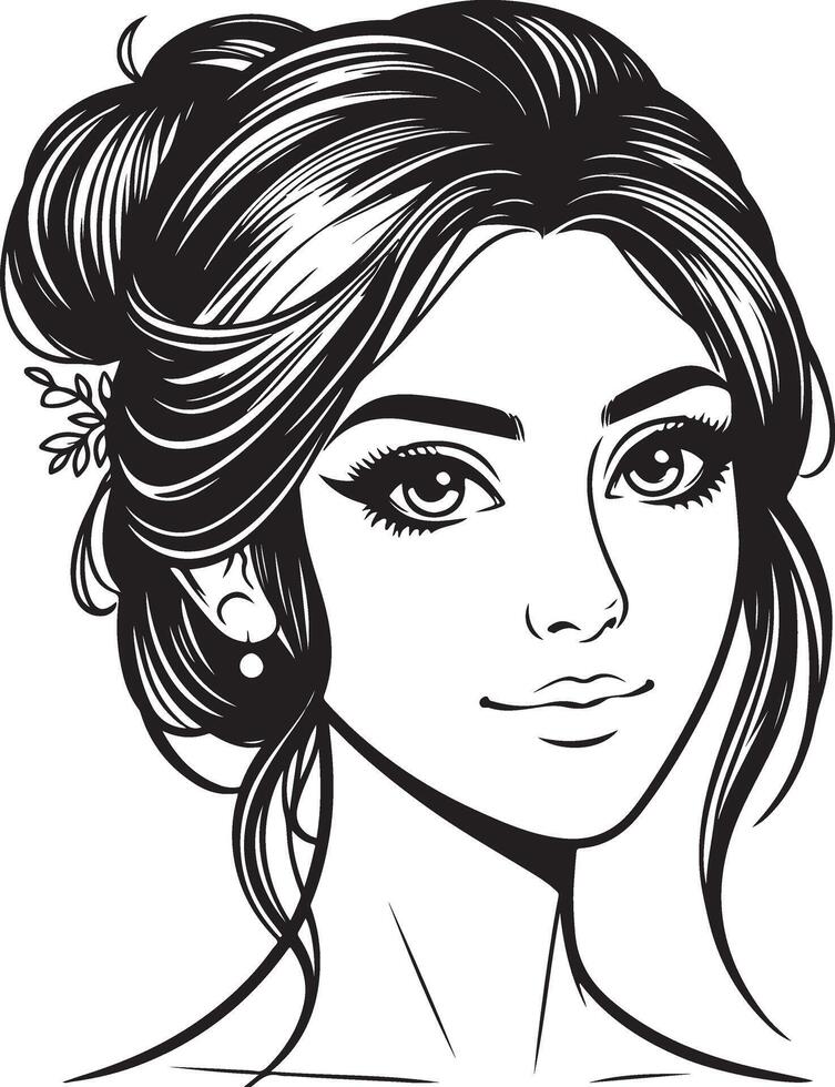Indian Woman Line Art, Simplistic Black and White Portrait with Minimal Details vector