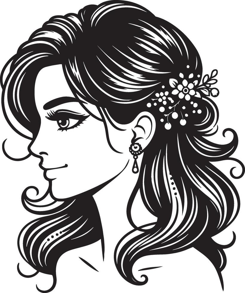 Monochrome Indian Woman Portrait, Simplified Line Drawing in Minimalist Style vector
