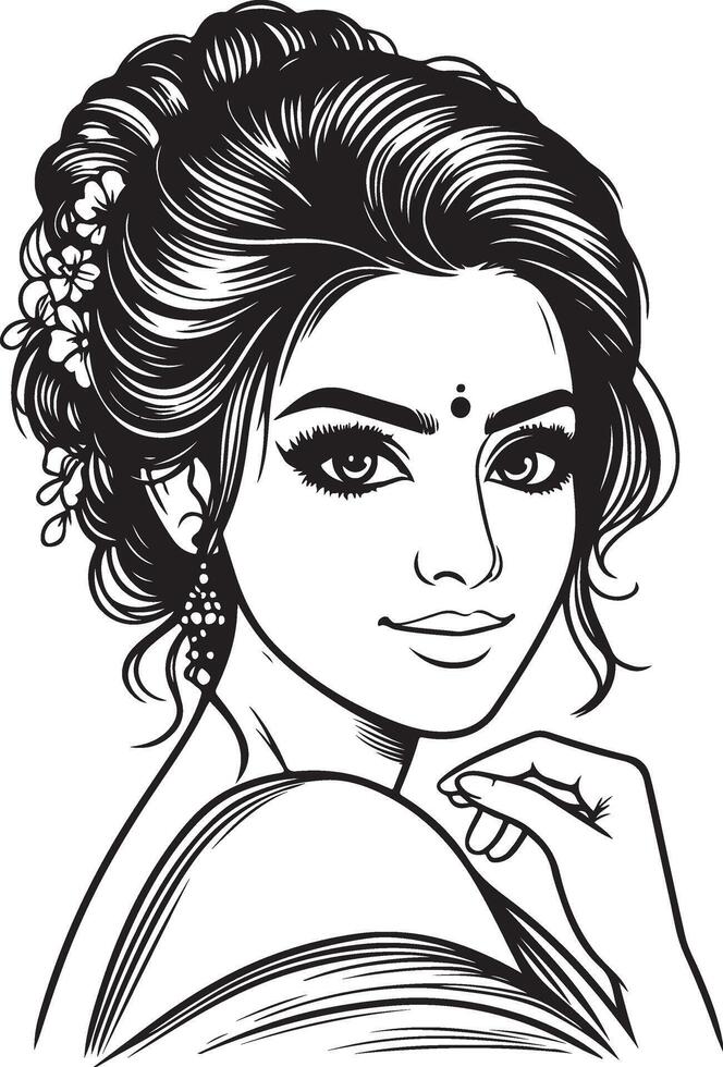 Elegant Black and White Portrait of Indian Woman, Minimalist Art with Clean Lines vector
